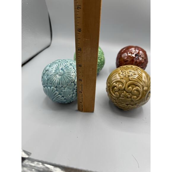 Set of 4 Embossed Ceramic Decorative Balls – Floral & Scroll Design, 3” - Picture 3 of 4